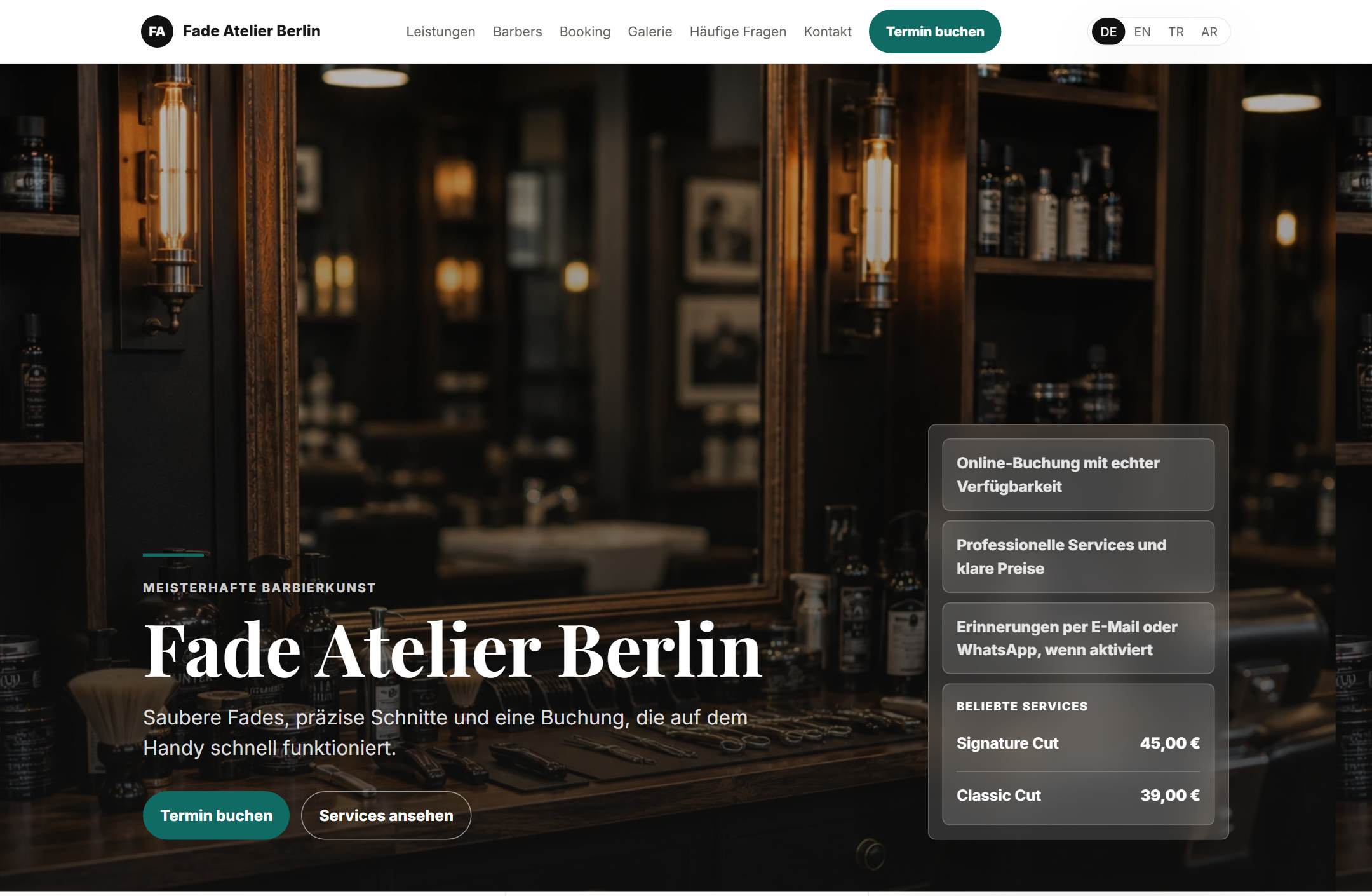 Desktop-Ansicht einer fertigen OSM-Flow-Barbershop-Website mit Services, Team und Online-Buchung