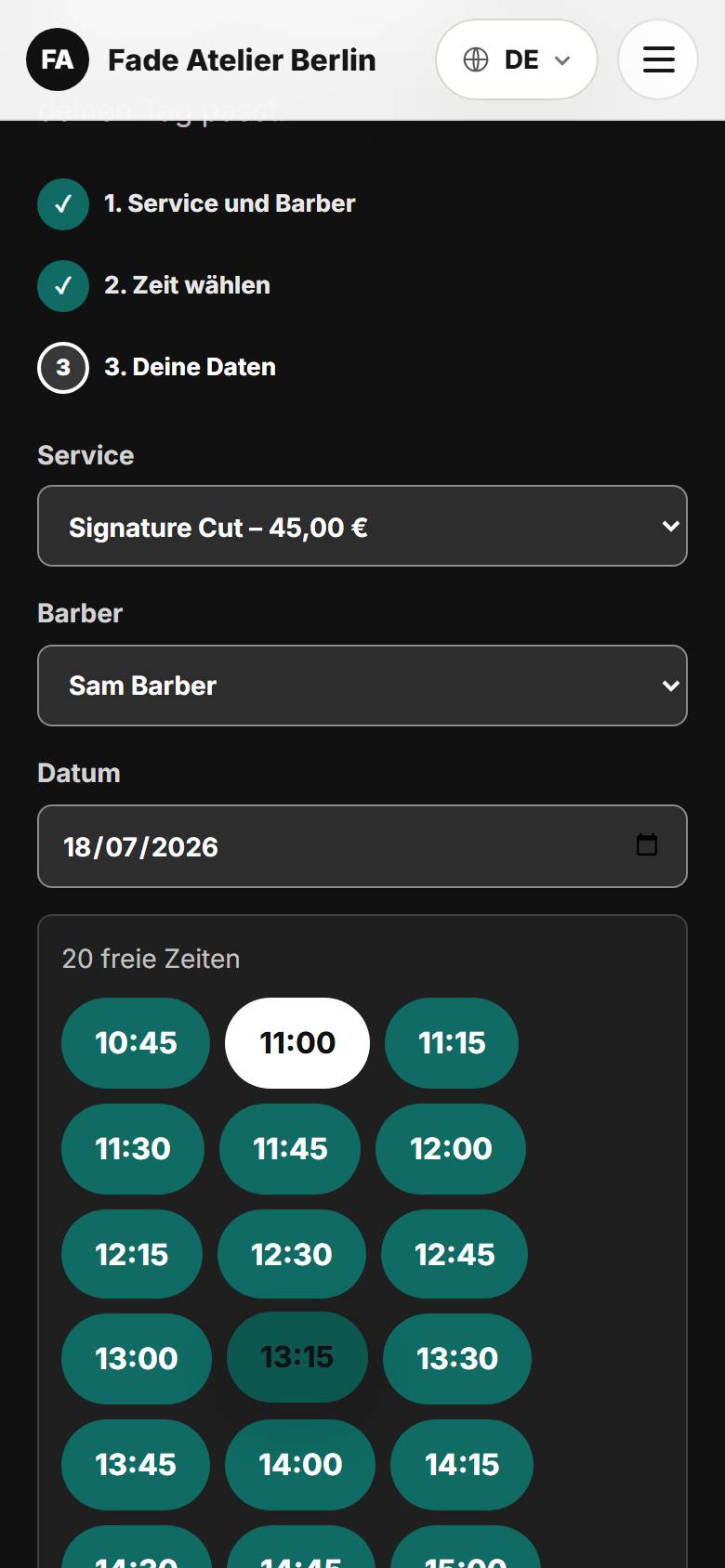 Mobile Ansicht der OSM-Flow-Online-Buchung mit freien Terminzeiten
